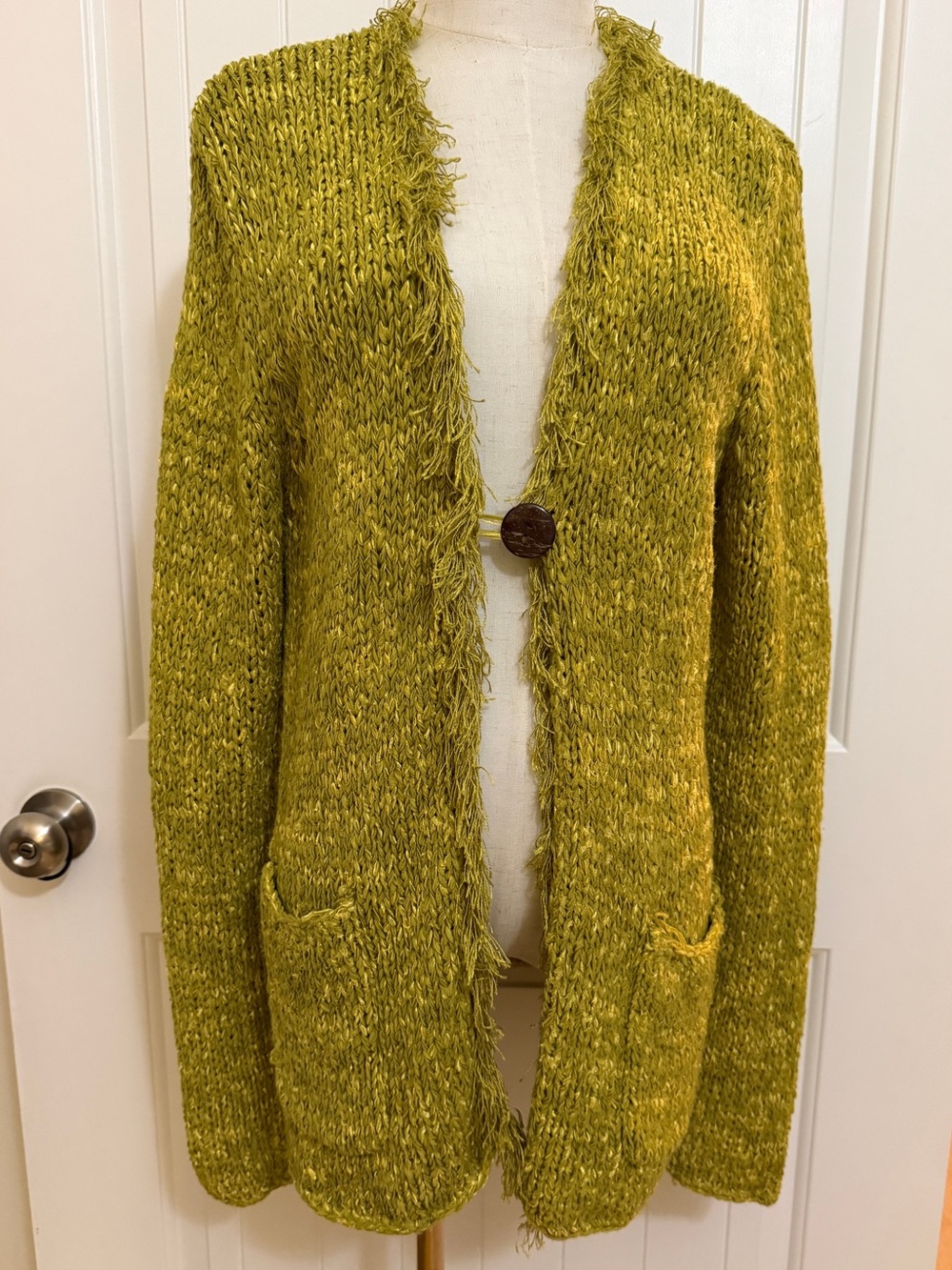 Chico's Moss Green Single-Button Fringe Knit Cardigan Sz 2 (12)